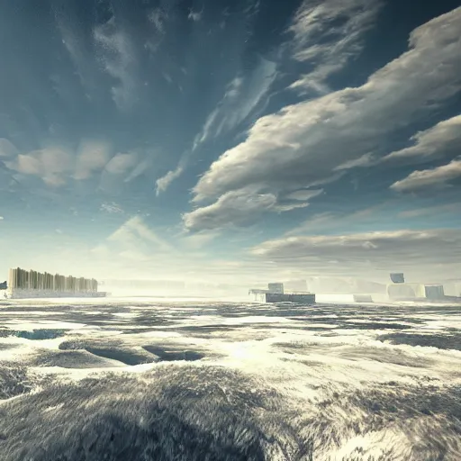 Image similar to a humongous city abandoned on a tundra biome, humongous view, rtx, smooth, cinematic