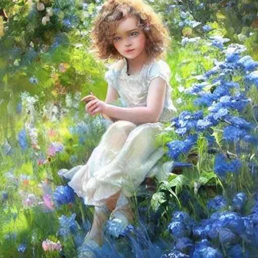 Image similar to a little girl with short curly light brown hair and blue eyes sitting in a lovely garden. beautiful painting by raymond swanland and magali villanueve, beautiful detailed face.