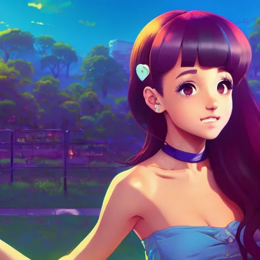 Image similar to ariana grande, sunny day background, intricate, highly detailed, digital painting, artstation, official media, anime key visual, concept art, rich vivid colors, ambient lighting, sharp focus, illustration, art by Artgerm, Makoto Shinkai, Ilya Kuvshinov, Lois Van Baarle, and Rossdraws