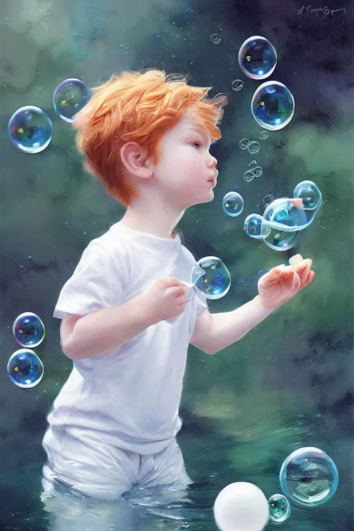 Prompt: a little boy with ginger hair chasing bubbles. clean elegant painting, beautiful detailed face, lots of bubbles. by artgerm and greg rutkowski
