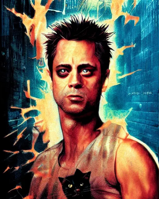 Image similar to cat in fight club, cat tyler durden, airbrush, drew struzan illustration art, key art, movie poster