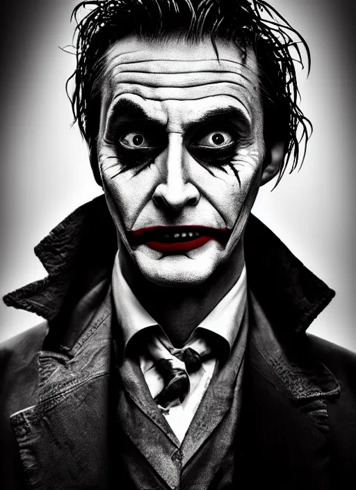 Image similar to photo of David Tennant as the Joker by Lee Jeffries and Eolo Perfido, big smile, head shot, detailed, award winning, Sony a7R