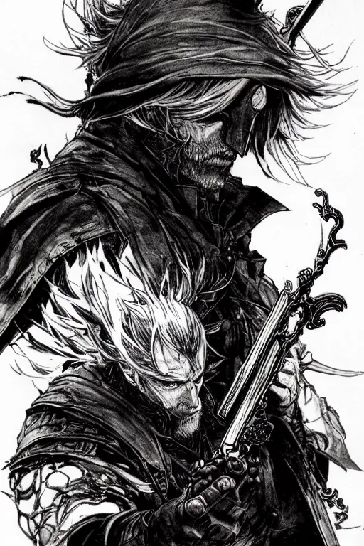 Image similar to portrait of a bloodborne hunter, sumi - e style, masterful, intense, concept art, detailed, intricate linework, art by yoji shinkawa