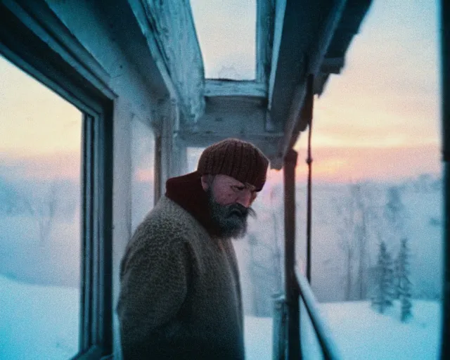 Image similar to lomographic tarkovsky film still of 4 0 years russian man with beard and sweater standing on small hrushevka 9 th floor balcony full with cigarette smoke in winter taiga looking at sunset, cinestill, bokeh