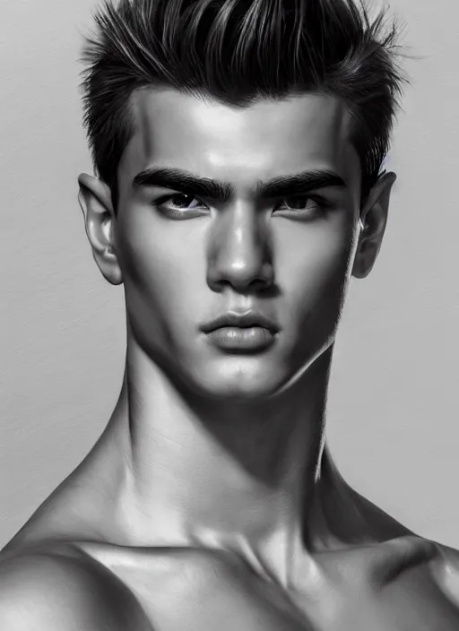Prompt: photo of a gorgeous shirtless young man in the style of stefan kostic, realistic, sharp focus, insanely detailed, intricate, elegant, art by stanley lau and artgerm