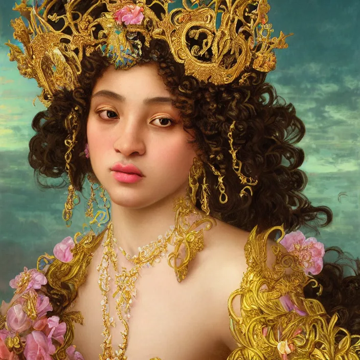 Image similar to highly detailed venetian rococo portrait of a black princess wearing a crown, golden jewels, pastel flowery background, 8 k, realism, volumetric lighting, flowers, fantasy, realistic, symmetrical face, digital illustration, art by krenz cushart, alphonse mucha, kehinde wiley, artem demura