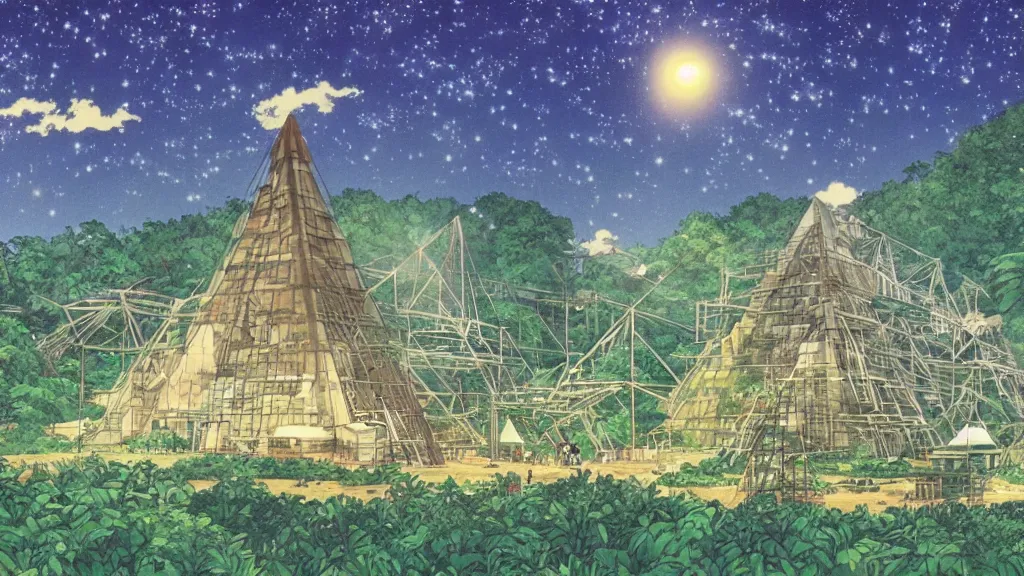 Prompt: a movie still from a studio ghibli film showing a huge industrial mining runoff storage facility and a pyramid under construction in the background, in the rainforest on a misty and starry night. by studio ghibli