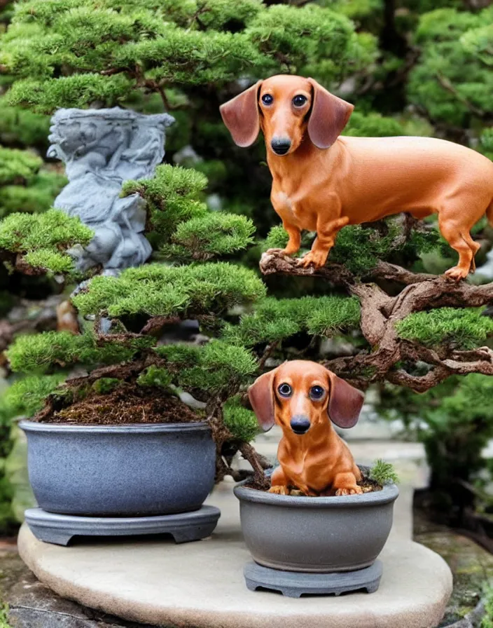 Prompt: Bonsai dachshund growing from a bonsai pot