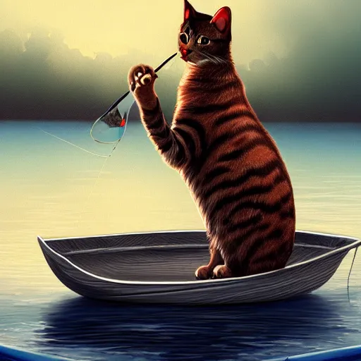 cat fishing in a river while in a boat illustrated by