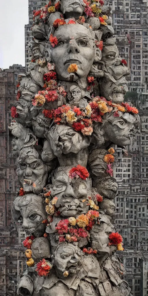 Image similar to colossal grotesque flower proletariat statue made from Lenin heads in the middle of abandoned early soviet constructivist cityscape, Stalinist architecture, ultradetailed by Hayao Miyazaki and Josan Gonzalez and Makoto Shinkai and Giuseppe Arcimboldo and Wes Anderson