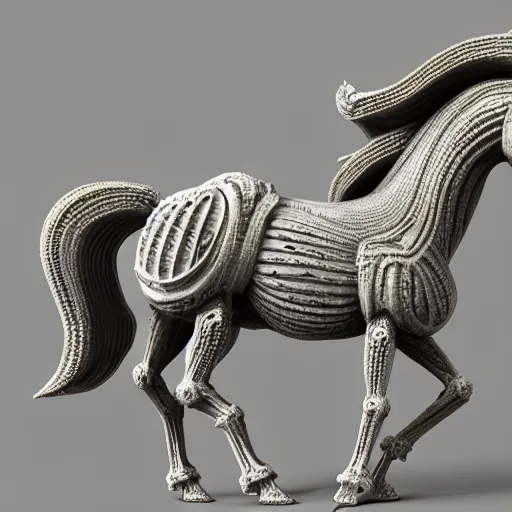 Prompt: biomechanical horse made of marble, fractal 3 d structure, intricate details, octane render