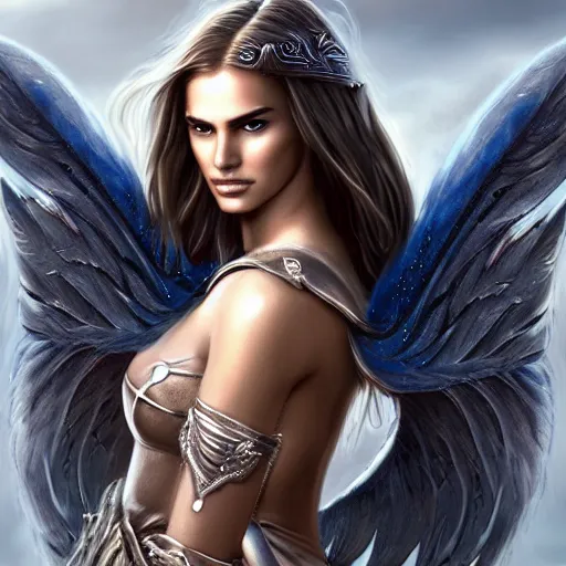 Image similar to beautiful young aasimar angel valkyrie warrior girl maiden wearing comfy leather armor with beautiful feathered angel wings, blue eyes, beautiful face, Alessandra Ambrosio, Natalie Portman, Emily Ratajkowski, innocent, intricate, elegant, highly detailed, ultradetailed, hyperdetailed, artstation, concept art, smooth, sharp focus, illustration, by Mark Arian