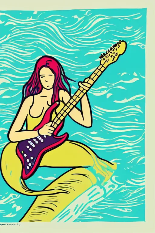 Image similar to illustration of a mermaid playing an stratocaster electric guitar, 3 colour screen print
