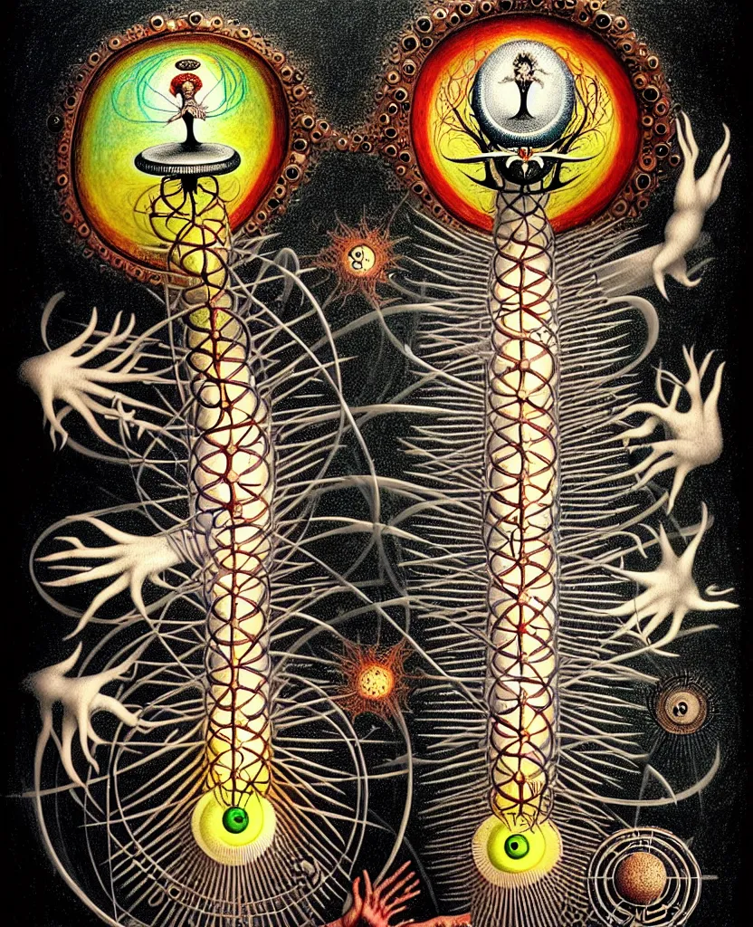 Image similar to whimsical freaky creature sings a unique canto about'as above so below'being ignited by the spirit of haeckel and robert fludd, breakthrough is iminent, glory be to the magic within, painted by ronny khalil