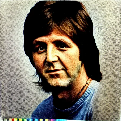 Image similar to Colored Colorized Polaroid Portrait of a younger 1970s 35 year old Paul McCartney, taken in the 1970s, photo taken on a 1970s polaroid camera, grainy, real life, hyperrealistic, ultra realistic, realistic, highly detailed, epic, HD quality, 8k resolution, body and headshot, film still, front facing, front view, headshot and bodyshot, detailed face, very detailed face, by Andy Warhol