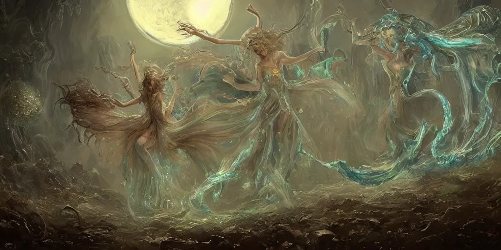 Image similar to concept art of translucent glowing fairies dancing, lovecraftian, renaissance, melting, round moon, rich clouds, fighting the horrors of the unknown, very detailed, volumetric light, mist, fine art, decaying, textured oil over canvas, epic fantasy art, very colorful, ornate intricate scales