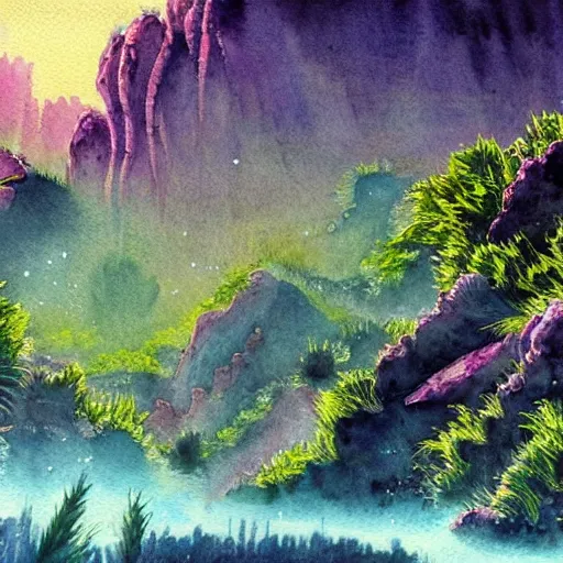 Image similar to beautiful lush natural scene on another planets cliffs, with interesting creatures. different than earth but beautiful. lightfall. beautiful detailed artistic watercolor. trending on artstation and deviantart.