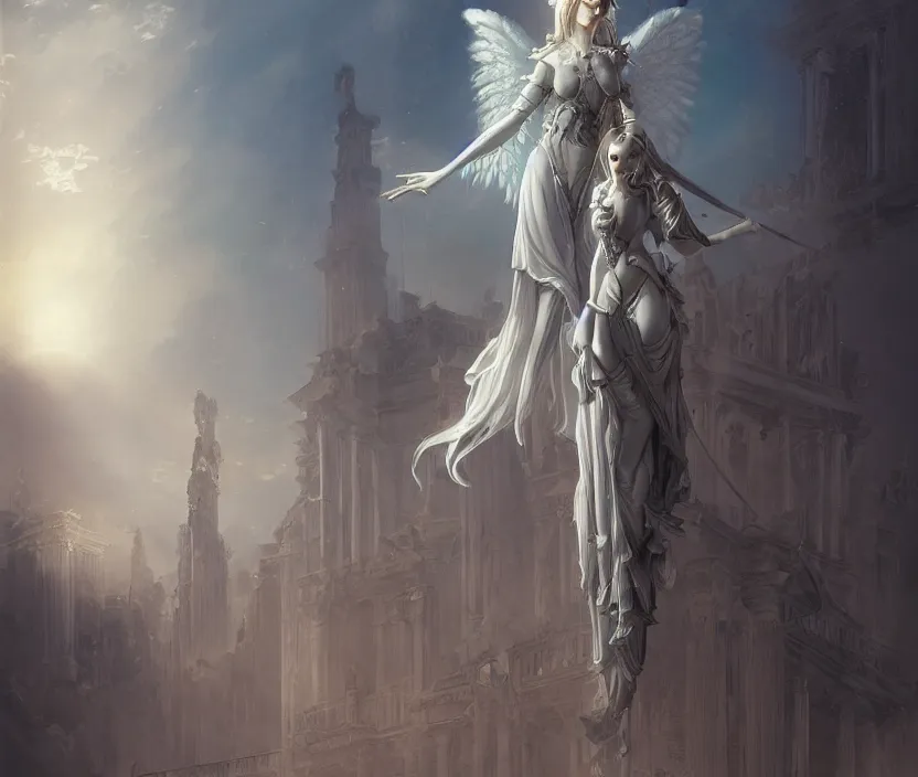 Prompt: Angel knight gothic girl on Neoclassical city. By William-Adolphe Bouguerea, Jordan grimmer, fractal flame. Highly_detailded