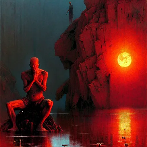 Image similar to the crimson moon shatters far above, a placid cross legged figure floating above pond by craig mullins, ruan jia, liang mark, beksinski, wayne barlowe, peter gric, jama jurabaev