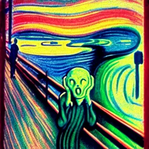 Image similar to a funky movie adaptation of the scream of munch by walt disney. elegant, cartoony