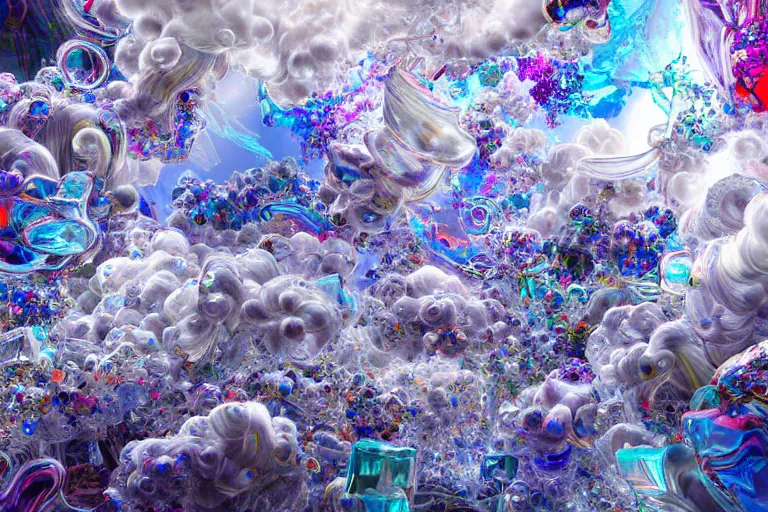 Image similar to simplicity, a flock of ornate twisting translucent puffy filigreed clouds tangled into large whirling ultra detailed clumps of crystal specimens, abstract environment, playful, award winning art, epic dreamlike fantasy landscape, ultra realistic,