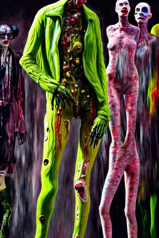 Image similar to crazy fashion catwalk, one model, crazy clothes, biopunk style, horror, clothes look like slime, hauntingly surreal, highly detailed painting by francis bacon, edward hopper, adrian ghenie, gerhard richter, and james jean soft light 4 k,