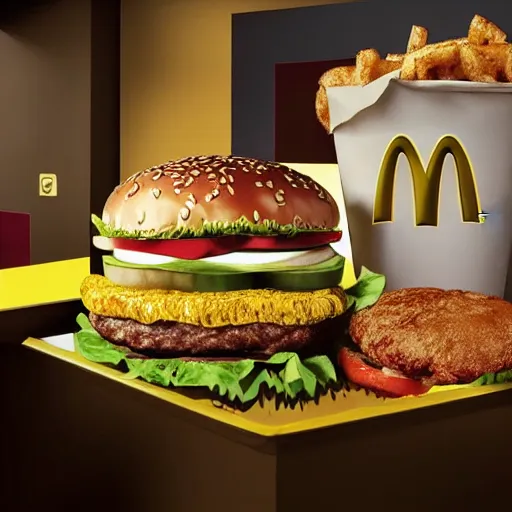 Image similar to an ad from macdonalds of a gold themed burger