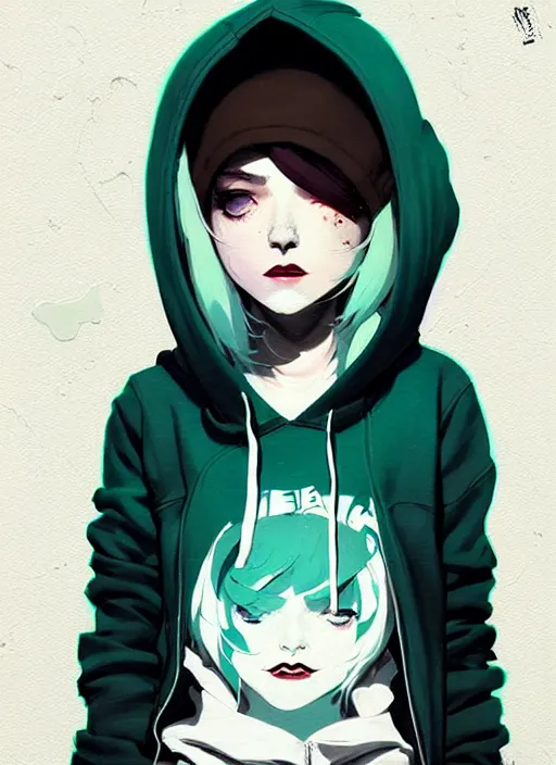 Image similar to highly detailed portrait of a urban punk lady student, blue eyes, hoodie, white hair by atey ghailan, by greg rutkowski, by greg tocchini, by james gilleard, by joe fenton, by kaethe butcher, gradient green, black, brown and teal color scheme, grunge aesthetic!!! ( ( graffiti tag wall background ) )