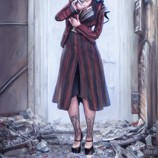 Image similar to oil painting of jinx arcane, standing in abandoned building, wearing formal uniform, in style of charlie bowater, detailed face,