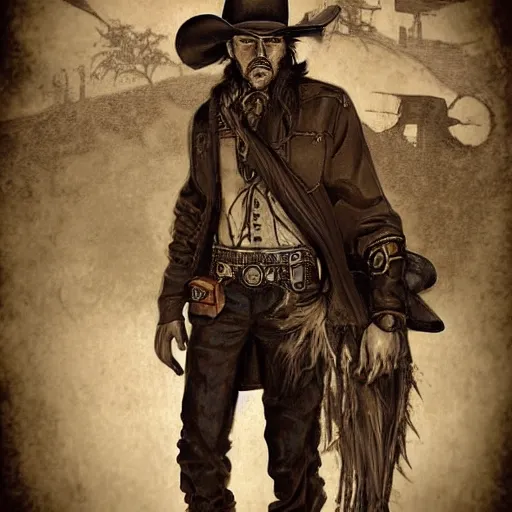 Prompt: Nicholas, the cowboy in the weird west, long dark hair, facial hair, long coat, grey horse, riding in the town of Doom, demons waiting in the background, dark fantasy, digital art, high detailed, pinterest