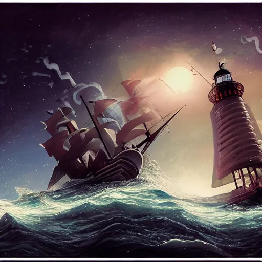 Image similar to pirates sailing the lighthouse in the middle of the galaxy , wide angle shot, diffuse lighting, fantasy, intricate, elegant, highly detailed, lifelike, photorealistic, digital painting, illustration, concept art, smooth, sharp focus, A24!film cinematography