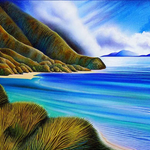 Prompt: golden bay abel tasman new zealand, highly detailed, highly detailed fantasy ethereal surrealist art