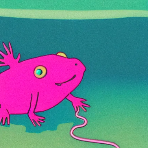 Prompt: a cute axolotl swimming in a neon 1 9 8 0 s landscape