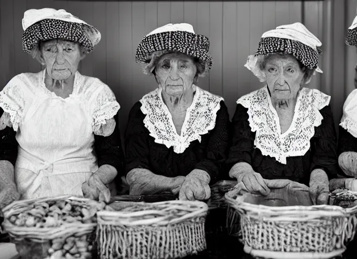 Prompt: close up of three old women from brittany with hats in white lace and dark folk costumes in a kitchen. they look visibly angry