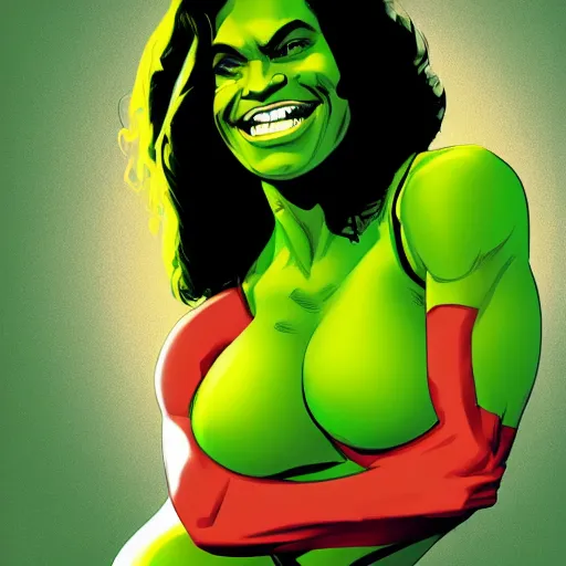 Image similar to Actress Rosario Dawson as She-Hulk, smiling, poster framed, comic pinup style, sports illustrated, detailed legs, artstation, illustration, posterized