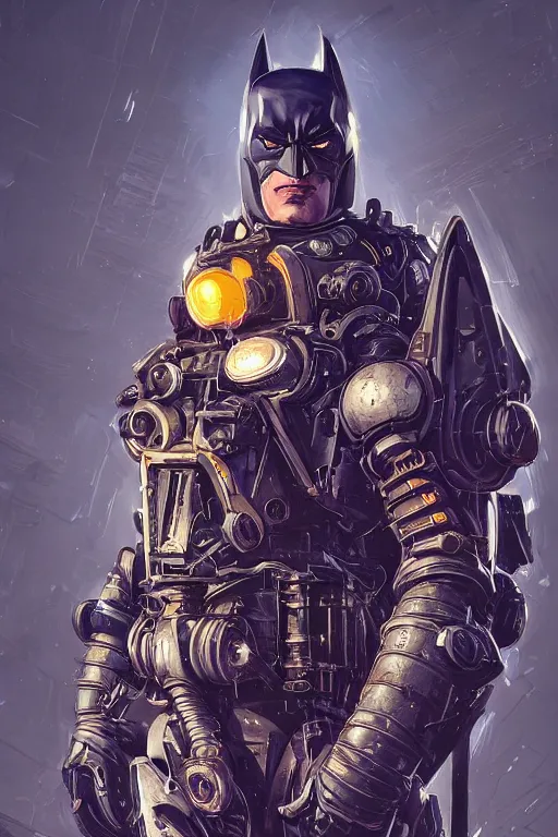 Image similar to batman hardmesh retro futurist steampunk fallout 7 6 power armor, hyper realistic, art cover, official fanart behance hd artstation by jesper ejsing, by rhads, makoto shinkai, final fantasy, unreal engine highly rendered, global illumination, radiant light, intricate environment radiating a glowing aura global illumination ray tracing hdr