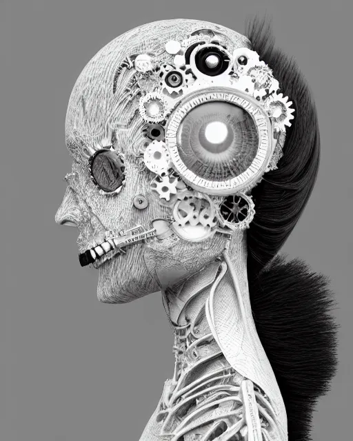 Image similar to black and white dreamy foggy smoky profile face portrait, one silver steampunk eye biomechanical beautiful young female cyclope - cyborg - robot bust, body ribs meshes,, volumetric light, hibiscus flowers, rim light, by hg giger and cecile beaton, big gothic fashion pearl embroidered collar, 8 k