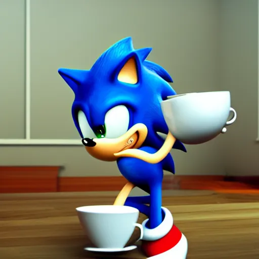 Image similar to 3d render of Sonic drinking a cup of tea, trending on artstation, blender, octane render