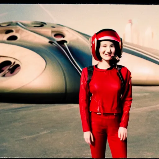 Prompt: analog portrait of a beautiful young woman wearing a space helmet, posing next to the starship Enterprise , warm tones, red color bleed, film grain