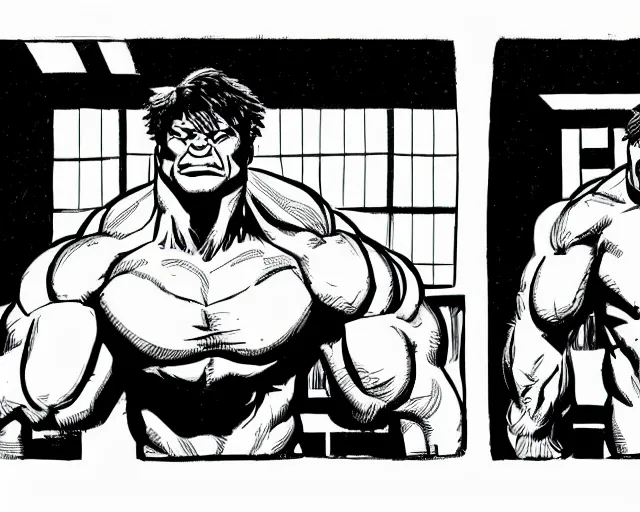 Image similar to The Incredible Hulk as a college student, hunched over a desk as he crams for final exams. Detailed comic book illustration, muscular, angry, frustrated.