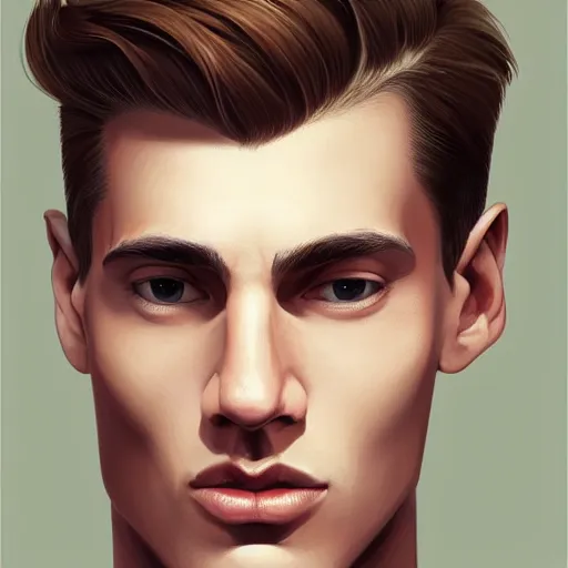 Prompt: tall man in his twenties with brown blond short quiff hair and thin slightly round facial structure with cleft chin, straight eyebrows and prominent nose, good definition of cheekbones, big hazel nut brown eyes, narrow face, slim body, atmospheric lighting, painted, intricate, 4 k, highly detailed by charlie bowater