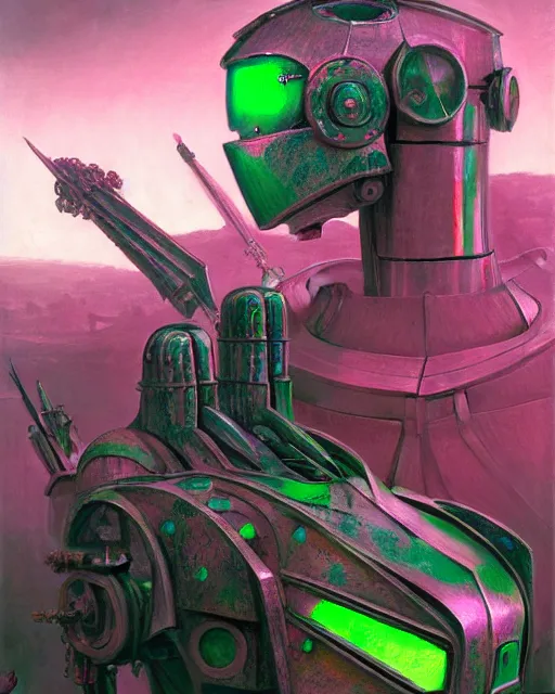 Image similar to hyperrealistic hyperdetailed medieval mecha iridescent pink covered in medieval type battle war concept art santiago caruso de chirico sharp very dramatic green light 8k low angle shallow depth of field