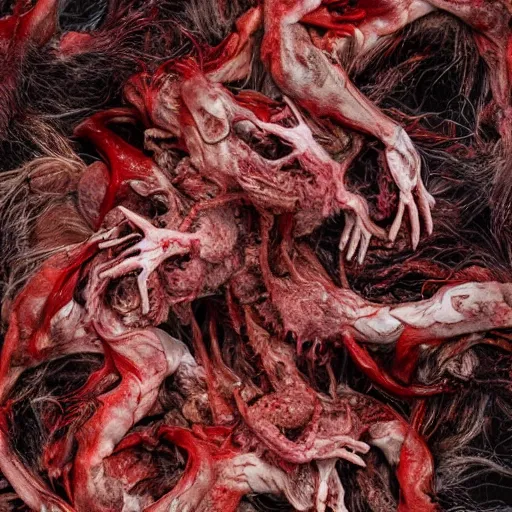 Prompt: an ultra-detailed high-quality photo of twisted animals melting together, forming a blood-red livid amorphous mass of body horror, oozing blood, slimy, reflective, composed of random limbs, patches of fur, eyes, teeth, and intestines falling out and slithering away
