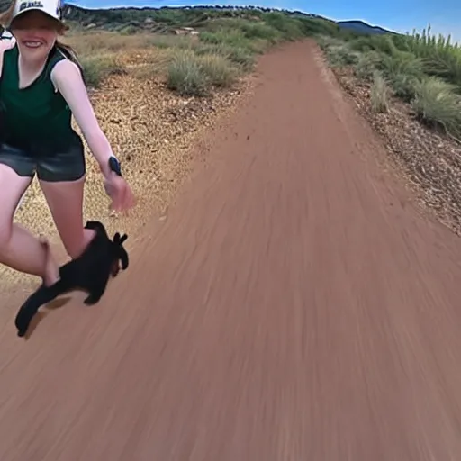 Prompt: screenshot of go pro footage from front view emma stone running in front of tiger