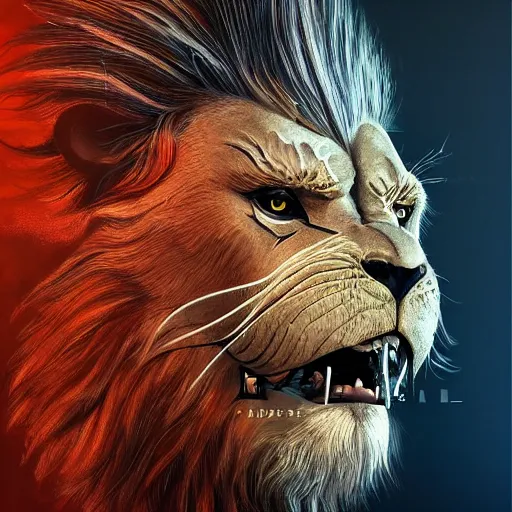 Prompt: Very very very very highly detailed epic photo of face with angry lion venetian mask, intricate, dystopian, sci-fi, extremely detailed, digital painting, artstation, concept art, smooth, sharp focus, illustration, intimidating lighting, incredible art by Artgerm and Vincent di Fate