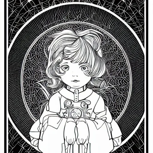 Image similar to clean simple line art of a cute little girl with a short brown wavy curly hair. she is dressed as an astronaut. no background. well composed, clean coloring book page, beautiful detailed face. coloring book line art by artgerm and greg rutkowski and johanna basford and alphonse mucha