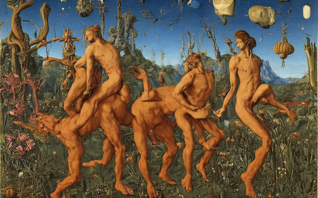 Image similar to a portrait photograph of a meditating satyr and a centaur monk riding a rocket machine and hunting at a river delta. surrounded by bulbous flowers and trees. mountain range under a blue sky of fiery stars. by jan van eyck, max ernst, ernst haeckel, ernst fuchs and artgerm, cgsociety, fashion editorial, 8 k