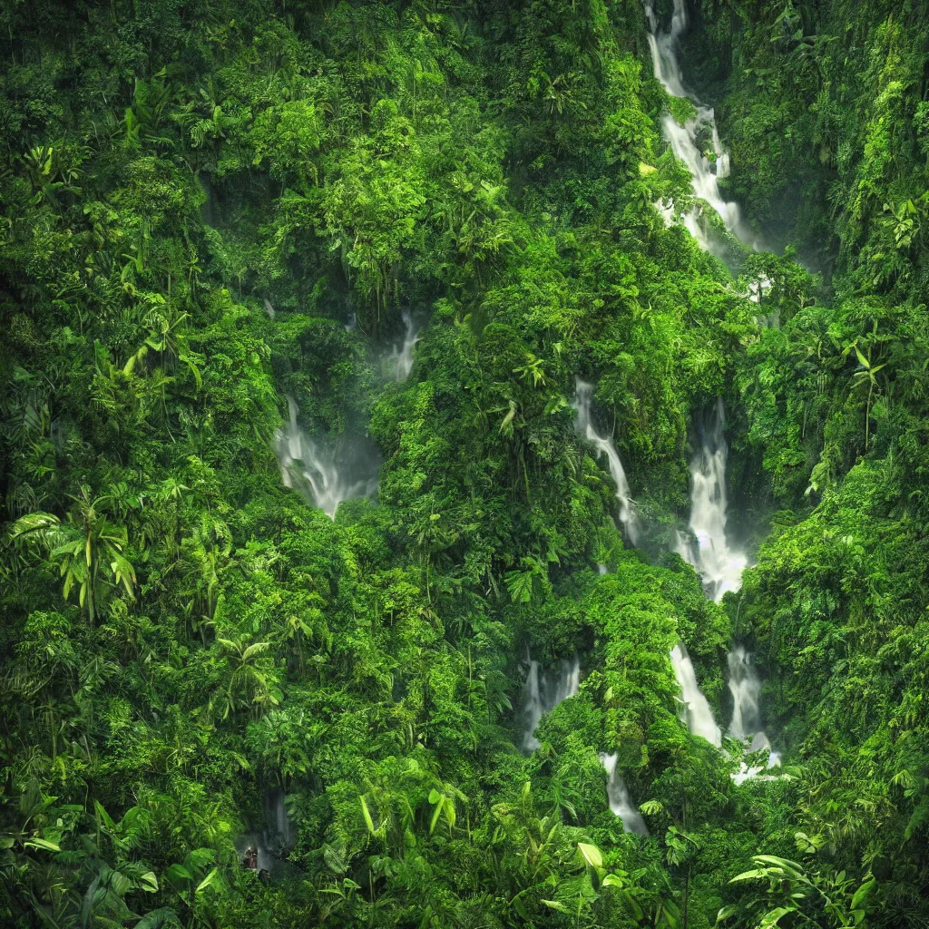 Prompt: a jungle in amazon, detailed dreamscape, hyperreal phantastic, drone shot, intricate details in environment, golden ratio, high aestehtic, waterfalls and lakes, cinematic light dramatic light, lightrays, in the style of terrence mallick cinematography, trending on artstation