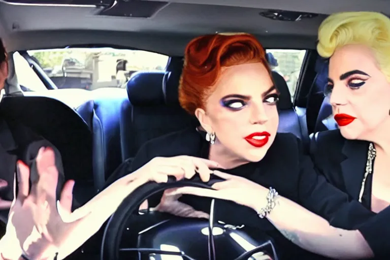 Image similar to lady gaga and judy garland doing carpool karaoke, lady gaga and judy garland, carpool karaoke, lady gaga, judy garland, carpool karaoke, youtube video screenshot, the late late show with james corden, higly realistic, high resolution, dashcam