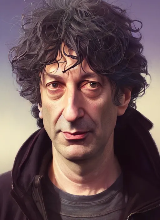 Image similar to highly detailed portrait of neil gaiman in gta v, stephen bliss, unreal engine, fantasy art by greg rutkowski, loish, rhads, ferdinand knab, makoto shinkai and lois van baarle, ilya kuvshinov, rossdraws, tom bagshaw, global illumination, radiant light, detailed and intricate environment